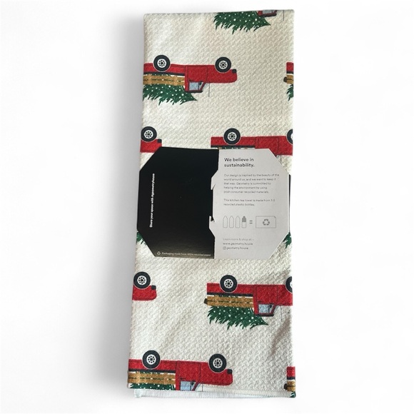 NWT Geometry Holiday Christmas Ride Waffle Kitchen Tea Towel Red Green Truck - Picture 2 of 4